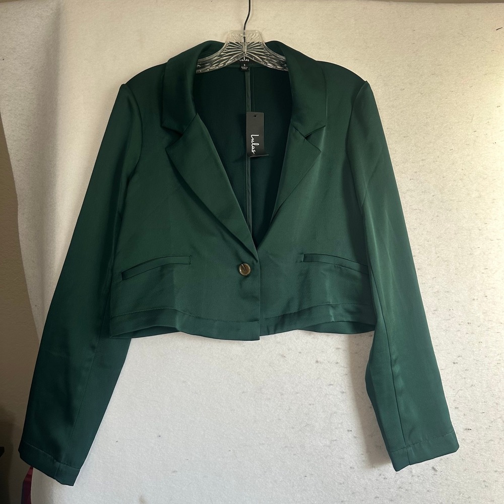 Lulus Hunter Green Cropped Blazer Single Button Satin Finish Jacket Small NWT
